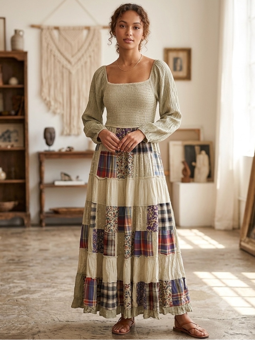 Young Threads Boho Patchwork Maxi Dress NWT Size M Smocked Long Sleeve